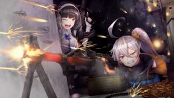Rule 34 | 2girls, ahoge, ammunition box, assault rifle, battle, black hair, bullet, bullet hole, bullpup, clenched teeth, commentary request, covering privates, drum magazine, fingerless gloves, firing, girls&#039; frontline, gloves, gun, hair between eyes, highres, long hair, machine gun, magazine (weapon), multiple girls, open mouth, pkp (girls&#039; frontline), projectile trail, qbz-95, rifle, rurushia, side ponytail, silver hair, teeth, tracer ammunition, projectile trail, type 95 (girls&#039; frontline), wall, weapon