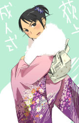 Rule 34 | 00s, 1girl, aqua background, black eyes, black hair, blush, d:, d:&lt;, floral print, flower, from side, frown, fur collar, genshiken, hair flower, hair ornament, head tilt, japanese clothes, kimono, looking at viewer, obi, ogiue chika, open mouth, sash, solo, v-shaped eyebrows