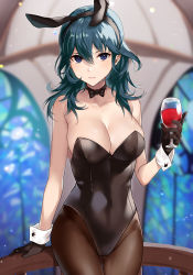 Rule 34 | 1girl, alcohol, animal ears, bare arms, bare shoulders, black gloves, black leotard, black pantyhose, blue eyes, blue hair, blush, bow, bow choker, bowtie, breasts, byleth (female) (fire emblem), byleth (fire emblem), cleavage, cup, drinking glass, fake animal ears, fire emblem, fire emblem: three houses, gloves, gluteal fold, hair between eyes, hand on railing, haru (nakajou-28), highres, holding, holding cup, large breasts, leotard, long hair, nintendo, pantyhose, parted lips, playboy bunny, rabbit ears, solo, wine, wine glass, wrist cuffs