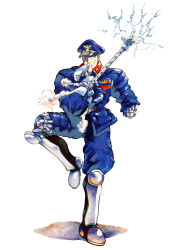 Rule 34 | 1990s (style), 1boy, android, brocken (world heroes), cyborg, full body, game, gloves, hat, military, military uniform, mouth hold, neo geo, official art, peaked cap, retro artstyle, robot, simple background, snk, solo, standing, standing on one leg, tagme, uniform, white background, white gloves, world heroes
