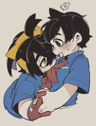 Rule 34 | !?, 2boys, ahoge, black eyes, black hair, blue shirt, blush, brown eyes, clothes in mouth, collared shirt, colored inner hair, commentary request, creatures (company), crossed bangs, facing to the side, florian (pokemon), game freak, gen 4 pokemon, gloves, hair between eyes, hairband, holding, holding hands, kieran (pokemon), looking at another, looking at viewer, lunchbox (artist), male focus, multicolored hair, multiple boys, neckerchief, neckerchief in mouth, necktie, nintendo, pokemon, pokemon sv, purple hair, red gloves, red neckerchief, red necktie, shirt, short hair, short sleeves, single glove, smile, sweatdrop, two-tone eyes, two-tone hair, white background, yaoi, yellow eyes, yellow hairband
