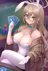 Rule 34 | 1girl, absurdres, akane (blue archive), akane (bunny) (blue archive), animal ears, blue archive, breasts, brown eyes, brown hair, card, cleavage, fake animal ears, glasses, gloves, halo, highres, holding, holding card, large breasts, leotard, nomio, plaid shawl, playboy bunny, playing card, poker chip, poker table, rabbit ears, shawl, smile, solo, strapless, strapless leotard, table
