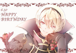 Rule 34 | 1boy, armor, artist name, atoatto, blonde hair, capelet, fire emblem, fire emblem fates, gloves, hairband, happy birthday, leo (fire emblem), male focus, nintendo, portrait, red eyes, simple background, solo, tomato, white background