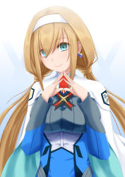 Rule 34 | 1girl, blonde hair, blue dress, breasts, capelet, dress, earrings, eyes visible through hair, green eyes, hairband, highres, jewelry, large breasts, long hair, looking at viewer, low twintails, military, military uniform, mitsuba greyvalley, own hands together, series77, smile, solo, super robot wars, super robot wars 30, triangle earrings, twintails, uniform, white capelet, white hairband