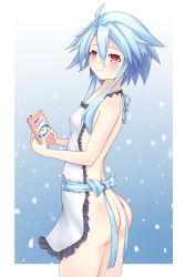 Rule 34 | 1girl, absurdres, apron, ass, backless outfit, blue hair, blush, book, breasts, covered erect nipples, cowboy shot, from side, hands up, highres, holding, holding book, looking at viewer, looking back, looking to the side, naked apron, neptune (series), no bra, no panties, otocai, power symbol, power symbol-shaped pupils, red eyes, short hair with long locks, small breasts, smile, solo, symbol-shaped pupils, vvvtune, white heart (neptunia)