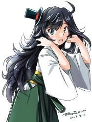 Rule 34 | 10s, 1girl, :o, ahoge, alternate hair length, alternate hairstyle, artist name, black hair, black hat, blue eyes, blush, dated, from side, green hairband, hairband, hands in hair, hat, hip vent, japanese clothes, kantai collection, kimono, leaning forward, long hair, long sleeves, looking at viewer, looking to the side, matsukaze (kancolle), mini hat, mini top hat, open mouth, sash, simple background, solo, standing, swept bangs, tatsumi ray, top hat, twitter username, upper body, very long hair, white background, white kimono, wide sleeves