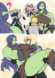 Rule 34 | 1boy, 1girl, ?, armor, ass, black sclera, blonde hair, blue eyes, blue hair, blush, breasts, carrying, colored sclera, colored skin, comic, commentary, curvy, dark blue hair, eyes visible through hair, fantasy, female orc, fingerless gloves, gloves, green skin, hair over one eye, huge breasts, knight, long hair, monster girl, muscular, muscular female, musical note, nenbuta, o-ring, o-ring top, orc, original, pointy ears, princess carry, purple hair, red eyes, sarong, silent comic, size difference, struggling, sweatdrop, tall, thick thighs, thighs, wide hips