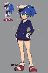 Rule 34 | 1girl, black shorts, blue hair, blush, buttons, ciosuii, closed mouth, full body, genderswap, genderswap (mtf), gloves, green eyes, grey background, hat, highres, humanization, looking at viewer, peaked cap, ponytail, shoes, short shorts, shorts, simple background, smile, sonic (series), sonic the hedgehog, sprite, standing, the murder of sonic the hedgehog, white gloves
