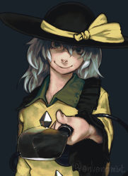 Rule 34 | 1girl, arm at side, blouse, closed mouth, collared shirt, envenomist (gengoroumaru), foreshortening, frilled shirt collar, frills, green eyes, grey hair, hair between eyes, hand up, hat, hat ribbon, head tilt, heart, heart of string, highres, holding, holding knife, knife, komeiji koishi, long hair, long sleeves, looking at viewer, pointing, pointing at viewer, ribbon, shirt, smile, solo, string, touhou, twitter username, upper body, watermark, wide sleeves