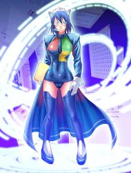 Rule 34 | 1girl, 2k-tan, blue hair, collared jacket, glasses, jacket, os-tan, solo, thighhighs