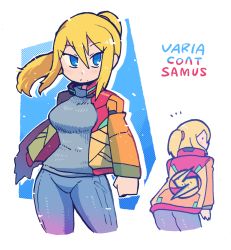Rule 34 | 1girl, blonde hair, blue bodysuit, blue sweater, bodysuit, bomber jacket, character name, closed mouth, contrapposto, cowboy shot, cropped legs, floating hair, hair between eyes, halftone, halftone background, jacket, long hair, long sleeves, looking at viewer, metroid, metroid: other m, nintendo, notice lines, open clothes, open jacket, outline, ponytail, rariatto (ganguri), samus aran, sweater, white outline