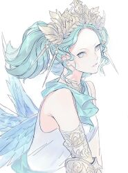 Rule 34 | 1girl, bare shoulders, blue eyes, blue hair, commentary, curly hair, ebira, feathered wings, final fantasy, final fantasy xiv, forehead, from side, highres, looking at viewer, menphina, multiple wings, no pupils, shirt, short hair, short twintails, simple background, sleeveless, sleeveless shirt, solo, tiara, twintails, upper body, v arms, white background, white shirt, wings