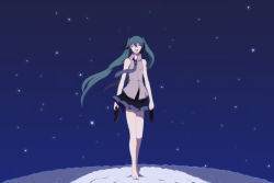 Rule 34 | 1girl, bare shoulders, barefoot, blue hair, closed eyes, female focus, full body, happy, harano, hatsune miku, holding, holding shoes, legs, long hair, necktie, open mouth, outdoors, shoes, skirt, sky, smile, snow, solo, star (symbol), toes, twintails, very long hair, vocaloid, walking