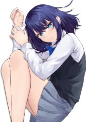 Rule 34 | 1girl, absurdres, bare legs, black sweater vest, blue bow, blue bowtie, blue eyes, blue hair, bow, bowtie, closed mouth, collared shirt, commentary, crying, crying with eyes open, feet out of frame, grey skirt, hair between eyes, highres, holding own wrist, kurokawa akane, long sleeves, looking at viewer, lying, medium hair, on side, oshi no ko, pleated skirt, puffy sleeves, school uniform, shirt, sidelocks, simple background, skirt, solo, streaming tears, sweater vest, tapume, tears, variant set, white background, white shirt