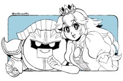Rule 34 | 1girl, alfonzoirl, armor, blue background, crown, elbow gloves, gloves, greyscale, greyscale with colored background, kirby (series), looking at viewer, mario (series), mask, meta knight, monochrome, nintendo, open mouth, pauldrons, princess peach, puffy short sleeves, puffy sleeves, short sleeves, shoulder armor, simple background, smile, super smash bros., twitter username, upper body