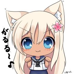 Rule 34 | &gt;:), 10s, 1girl, animal ears, blonde hair, blue eyes, chibi, commentary request, fang, flower, hair flower, hair ornament, kantai collection, long hair, looking at viewer, paw pose, peta (taleslove596), ro-500 (kancolle), sailor collar, solo, swimsuit, swimsuit under clothes, tan, v-shaped eyebrows, white background, wolf ears
