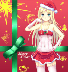 Rule 34 | 1girl, bad id, bad pixiv id, bare shoulders, blonde hair, blue eyes, breasts, christmas, cleavage, collarbone, garter straps, gloves, hand on own hip, hat, hip focus, looking at viewer, merry christmas, morerin, navel, original, santa costume, santa hat, see-through, skirt, small breasts, smile, solo, thighhighs, white gloves