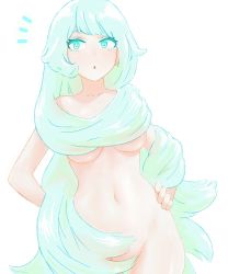 Rule 34 | 10s, 1girl, aqua eyes, aqua hair, boku no hero academia, breasts, collarbone, cowboy shot, hadou nejire, hair censor, hand on own hip, large breasts, long hair, navel, nude, open mouth, shpo, solo, surprised, very long hair, white background