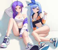 Rule 34 | 2girls, belly, blue hair, breasts, candy, cleavage, commentary, english commentary, food, highres, iris summer, leo queval, lollipop, looking at viewer, medium breasts, bae minah (chaesu), multiple girls, nike (company), purple hair, self-upload, shoes, shorts, sitting, sneakers, thighs, umi and iris