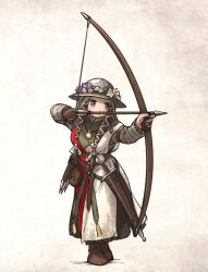 Rule 34 | 1girl, aiming, archery, armor, arrow (projectile), belt, boots, bow (weapon), brown hair, drawing bow, flora sister (ironlily), flower, full body, gambeson, gloves, helmet, highres, holding, holding bow (weapon), holding weapon, ironlily, kettle helm, long hair, medieval, ordo mediare sisters (ironlily), pouch, scabbard, sheath, solo, sword, weapon