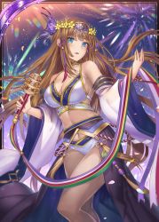 Rule 34 | 1girl, akkijin, armpits, bare shoulders, bikini, blue eyes, breasts, brown hair, card (medium), cleavage, flower, hair ornament, head wreath, holding, japanese clothes, large breasts, long hair, looking at viewer, night, night sky, official art, rattle, shinkai no valkyrie, sky, solo, standing, swimsuit, very long hair
