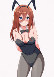 Rule 34 | 1girl, animal ears, arms behind back, bare shoulders, black bow, black bowtie, black hairband, black leotard, blue eyes, bow, bowtie, breasts, brown hair, detached collar, fake animal ears, go-toubun no hanayome, hairband, highres, konoyan, large breasts, leotard, long hair, looking at viewer, nakano miku, pantyhose, playboy bunny, rabbit ears, simple background, smile, solo, white background