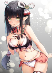 Rule 34 | 1girl, bare arms, bare shoulders, bikini, black hair, breasts, cleavage, cowboy shot, detached collar, gluteal fold, groin, hair ornament, hand on own chest, highres, long hair, looking at viewer, medium breasts, minoto, monster hunter (series), monster hunter rise, navel, parted lips, pointy ears, sidelocks, solo, stomach, swimsuit, thighs, very long hair, white bikini, yan (nicknikg), yellow eyes