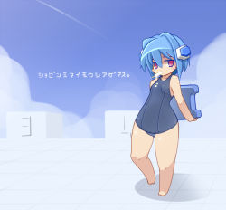 Rule 34 | 1girl, barefoot, blue hair, blue one-piece swimsuit, breasts, chibi, densou tenshi valforce, hairpods, kannagi ai, karukan (monjya), mouth hold, one-piece swimsuit, popsicle, red eyes, short hair, small breasts, solo, swimsuit, wide hips