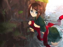 Rule 34 | 1girl, against wall, blue eyes, breasts, brown hair, cartagra, cleavage, clothes lift, glasses, grass, hair ornament, hairclip, large breasts, leaning forward, midriff, nature, no bra, open mouth, outdoors, parted bangs, pleated skirt, red scarf, rock, scarf, school uniform, serafuku, shirt lift, short hair, skirt, solo, standing, takashiro nana, wading, wallpaper, water, wet, wet clothes