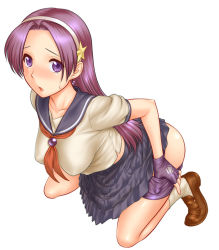 Rule 34 | 1girl, asamiya athena, bike shorts, clothes pull, earrings, fingerless gloves, gloves, hair ornament, hairband, jewelry, king of fighters xiii, kneeling, long hair, panties, panty pull, pulling own clothes, purple eyes, purple hair, school uniform, shorts, shorts pull, snk, socks, solo, st.germain-sal, star (symbol), star hair ornament, sweatdrop, the king of fighters, the king of fighters xiii, underwear, undressing