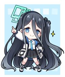 Rule 34 | &gt;:), 1girl, absurdly long hair, aris (blue archive), black hair, black skirt, black socks, blue archive, blue background, blue eyes, blue necktie, chibi, closed mouth, collared shirt, full body, hair between eyes, halo, highres, jacket, kadose ara, long hair, long sleeves, looking at viewer, necktie, one side up, open clothes, open jacket, outstretched arm, pleated skirt, pointing, puffy long sleeves, puffy sleeves, ribbed socks, ringed eyes, shirt, shoes, simple background, skirt, sleeves past wrists, smile, socks, solo, sparkle, v-shaped eyebrows, very long hair, white footwear, white jacket, white shirt