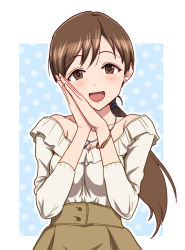 Rule 34 | 10s, 1girl, blush, breasts, brown eyes, brown hair, cleavage, earrings, idolmaster, idolmaster cinderella girls, jewelry, kezune (i- -i), long hair, looking at viewer, necktie, nitta minami, open mouth, own hands together, ponytail, smile, solo