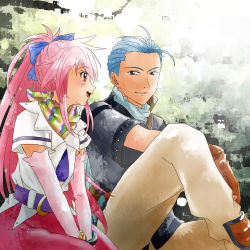 Rule 34 | 1boy, 1girl, arche klein, belt, blue eyes, blue hair, blush, bracelet, chester burklight, couple, earrings, elbow gloves, gloves, hair ribbon, jewelry, kiyou sumomo, long hair, looking at another, neckerchief, open mouth, pants, pink eyes, pink hair, pink pants, ponytail, ribbon, sitting, smile, tales of (series), tales of phantasia, wariza, wide ponytail