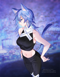Rule 34 | 1girl, animal ear fluff, animal ears, blue eyes, blue hair, blurry, blurry background, breasts, cat ears, cat tail, character name, dated, empew, hand on own hip, long hair, medium breasts, midriff, navel, original, sleeveless, solo, tail