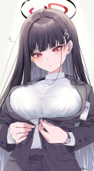 Rule 34 | 1girl, aibon, black coat, black hair, black skirt, blue archive, blush, breasts, bright pupils, buttons, closed mouth, coat, hair ornament, hairpin, halo, highres, large breasts, long hair, long sleeves, pleated skirt, red eyes, rio (blue archive), signature, simple background, skirt, solo, sweater, upper body, white background, white pupils, white sweater