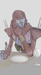 Rule 34 | 1boy, absurdres, apex legends, bandana, classic revenant, covering own mouth, cup, drinking glass, fork, glowing, glowing eyes, highres, holding, holding fork, looking at viewer, no humans, open hand, plate, red bandana, revenant (apex legends), science fiction, sitting, solo, upper body, wine glass, yellow eyes, yougi shaaru