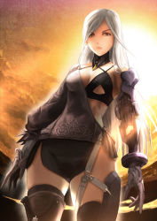 Rule 34 | 1girl, breasts, brown eyes, closed mouth, cloud, frenlyse, gloves, grey hair, highres, long hair, looking at viewer, mechanical arms, mix (mixjjj), nier (series), nier reincarnation, prosthesis, prosthetic arm, prosthetic leg, single mechanical arm, solo, thighhighs