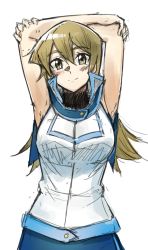 Rule 34 | 1girl, armpits, arms behind back, arms up, blonde hair, blue skirt, breasts, brown eyes, closed mouth, duel academy uniform (yu-gi-oh! gx), hair between eyes, highres, large breasts, long hair, looking at viewer, rourou ill, shirt, simple background, sketch, skirt, sleeveless, sleeveless shirt, smile, solo, standing, straight hair, tenjouin asuka, very long hair, white background, white shirt, yu-gi-oh!, yu-gi-oh! gx