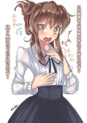Rule 34 | 10s, 1girl, aged up, artist name, blush, brown eyes, brown hair, dress, folded ponytail, inazuma (kancolle), kantai collection, looking at viewer, meme attire, open mouth, sensen, simple background, solo, virgin killer outfit