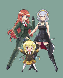 Rule 34 | 3girls, anya (spy x family), anya (spy x family) (cosplay), arms up, between fingers, black thighhighs, blonde hair, blue eyes, bow, braid, breasts, brown eyes, chibi, cleavage, colonel aki, commentary, cosplay, dress, fingerless gloves, flandre scarlet, formal, gloves, green background, green suit, hair bow, hairband, hand on own hip, holding, holding knife, holding weapon, hong meiling, izayoi sakuya, knife, long hair, long sleeves, medium breasts, multiple girls, necktie, open mouth, pants, red hair, short hair, silver hair, simple background, smile, spy x family, strapless, strapless dress, suit, thighhighs, touhou, twilight (spy x family), twilight (spy x family) (cosplay), twin braids, weapon, wings, yor briar, yor briar (cosplay)