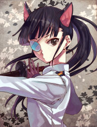 Rule 34 | 1girl, animal ears, black hair, brown eyes, eyepatch, katana, long hair, looking at viewer, military, military uniform, ponytail, sakamoto mio, sheath, sheathed, solo, strike witches, sword, uniform, upper body, weapon, world witches series, yamako (state of children)