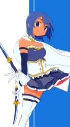 Rule 34 | 1girl, absurdres, arm at side, bare shoulders, belt, blue background, blue eyes, blue hair, blue skirt, blue theme, blush, breasts, cape, closed mouth, detached sleeves, dot nose, feet out of frame, floating hair, frills, gloves, happy, highres, holding, holding knife, holding weapon, knife, legs together, looking at viewer, mahou shoujo madoka magica, mahou shoujo madoka magica (anime), medium breasts, mihifu, miki sayaka, pleated skirt, shiny skin, short hair, simple background, skirt, smile, solo, standing, strapless, striped, striped background, thighhighs, two-tone background, weapon, white background, white cape, white gloves, white thighhighs, wind, wind lift, zettai ryouiki