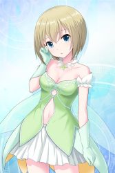 Rule 34 | 1girl, absurdres, alternative girls, blonde hair, blue background, blue eyes, breasts, choker, cleavage, fake wings, gloves, green gloves, hand on own face, highres, looking at viewer, official art, open mouth, short hair, skirt, solo, standing, sylvia richter, white skirt, wings