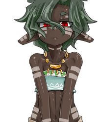 Rule 34 | 1girl, dark skin, dark-skinned female, expressionless, facial mark, female focus, flat chest, jewelry, necklace, null (null man), original, pointy ears, red eyes, simple background, solo, strapless, tribal, tube top, v arms, very dark skin, white background