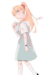 Rule 34 | 1girl, alternate hairstyle, artist request, blue eyes, breasts, chibi, closed mouth, hair ornament, highres, interface headset, looking back, mass production eva, neon genesis evangelion, orange hair, ponytail, school uniform, solo, souryuu asuka langley, sweat, upper body, walking