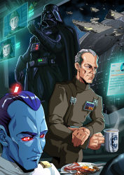 Rule 34 | 5boys, admiral piett, animification, bacon, beans, blue skin, breakfast, coffee, coffee mug, colored skin, cup, darth vader, death star, egg, egg (food), energy sword, english text, food, fried egg, galactic empire, general veers, grand admiral thrawn, grand moff tarkin, highres, holding lightsaber, holographic interface, lightsaber, mug, multiple boys, otaking, red eyes, red lightsaber, sausage, star destroyer, star wars, sword, weapon