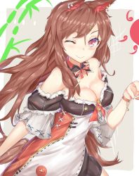 Rule 34 | 1girl, ;), alternate costume, animal ears, ashu, bare shoulders, bell, blush, bow, bracelet, breasts, brooch, brown hair, cleavage, closed mouth, commentary request, detached collar, dress, earclip, earrings, enmaided, fur trim, hair ornament, hairclip, highres, imaizumi kagerou, jewelry, jingle bell, long hair, looking at viewer, maid, medium breasts, off-shoulder dress, off shoulder, one eye closed, red bow, red eyes, ribbon-trimmed clothes, ribbon trim, short sleeves, smile, solo, star (symbol), star hair ornament, tail, touhou, wolf ears, wolf tail, wristband