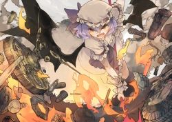 Rule 34 | 1girl, bad id, bad pixiv id, bolt, bow, fangs, gears, hair between eyes, hat, hat bow, holding, holding weapon, looking at viewer, mob cap, open mouth, orange eyes, purple hair, remilia scarlet, short hair, short sleeves, slit pupils, solo, spear the gungnir, touhou, weapon, white hat, zairen