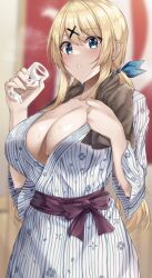Rule 34 | 1girl, amagi korona, blonde hair, blue eyes, breasts, cup, hair ornament, hair ribbon, highres, holding, holding cup, large breasts, light blush, long hair, open mouth, original, ponytail, ribbon, skindentation, solo, sweat, sweatdrop, teeth, very long hair, water, x hair ornament