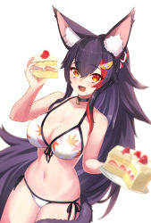 Rule 34 | 1girl, :d, animal ear fluff, animal ears, bikini, black choker, black hair, blurry, blush, breasts, cake, choker, cleavage, commentary, cowboy shot, cream, cream on body, cream on face, depth of field, fang, food, food on face, hair between eyes, hair ornament, halterneck, highres, holding, holding plate, hololive, large breasts, leaf print, long hair, looking at viewer, midriff, multicolored hair, navel, ookami mio, ookami mio (hololive summer 2019), open mouth, orange eyes, oshiruko (oshiruco 212048), plate, red hair, side-tie bikini bottom, simple background, smile, solo, strawberry shortcake, streaked hair, string bikini, swimsuit, tail, tail wrap, two-tone hair, virtual youtuber, white background, white bikini, wolf ears, wolf tail